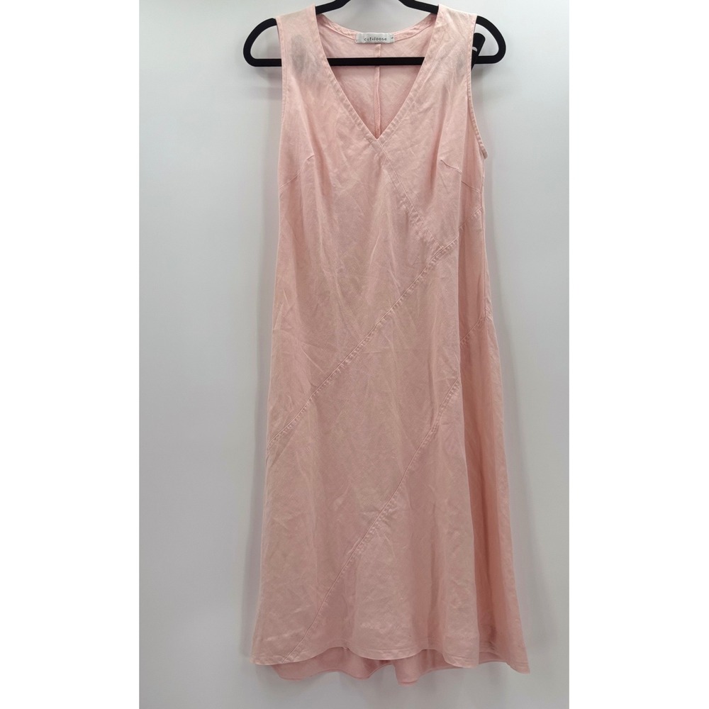 Cut Loose Pink 100% Linen Sleeveless V-Neck Midi Dress Lagenlook Women Size S